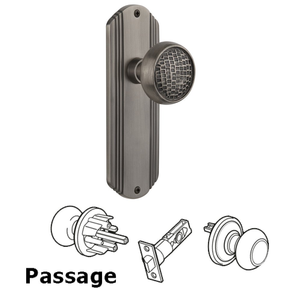 Nostalgic Warehouse Complete Passage Set Without Keyhole - Deco Plate with Craftsman Knob in Antique Pewter