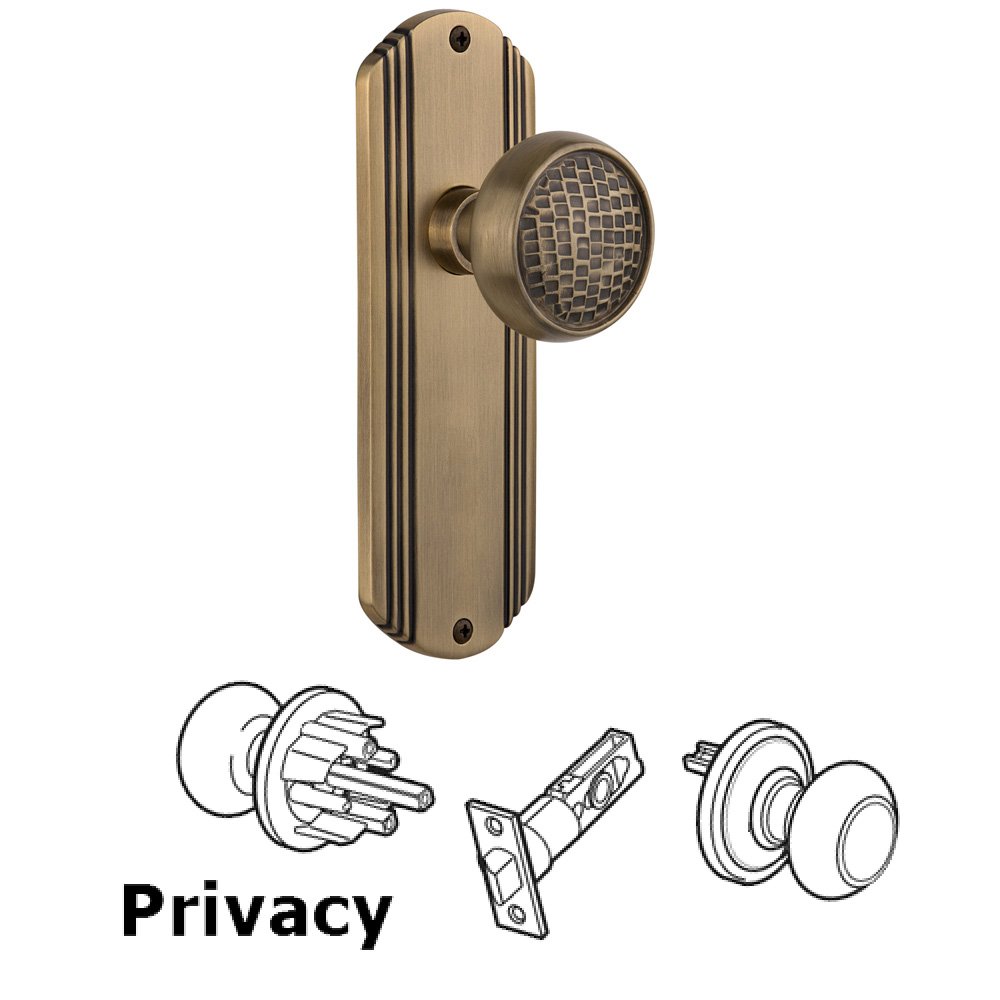Nostalgic Warehouse Complete Privacy Set Without Keyhole - Deco Plate with Craftsman Knob in Antique Brass