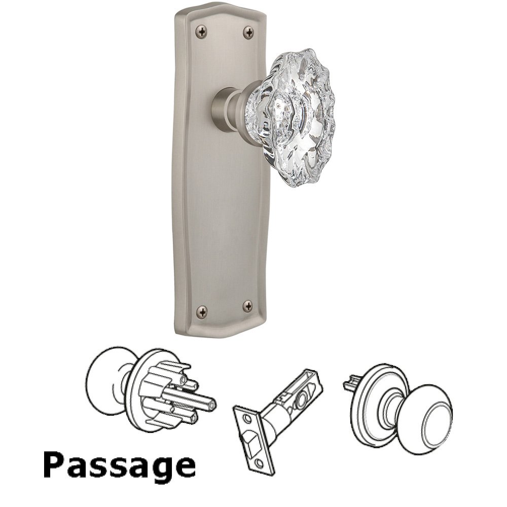 Nostalgic Warehouse Complete Passage Set Without Keyhole - Prairie Plate with Chateau Knob in Satin Nickel