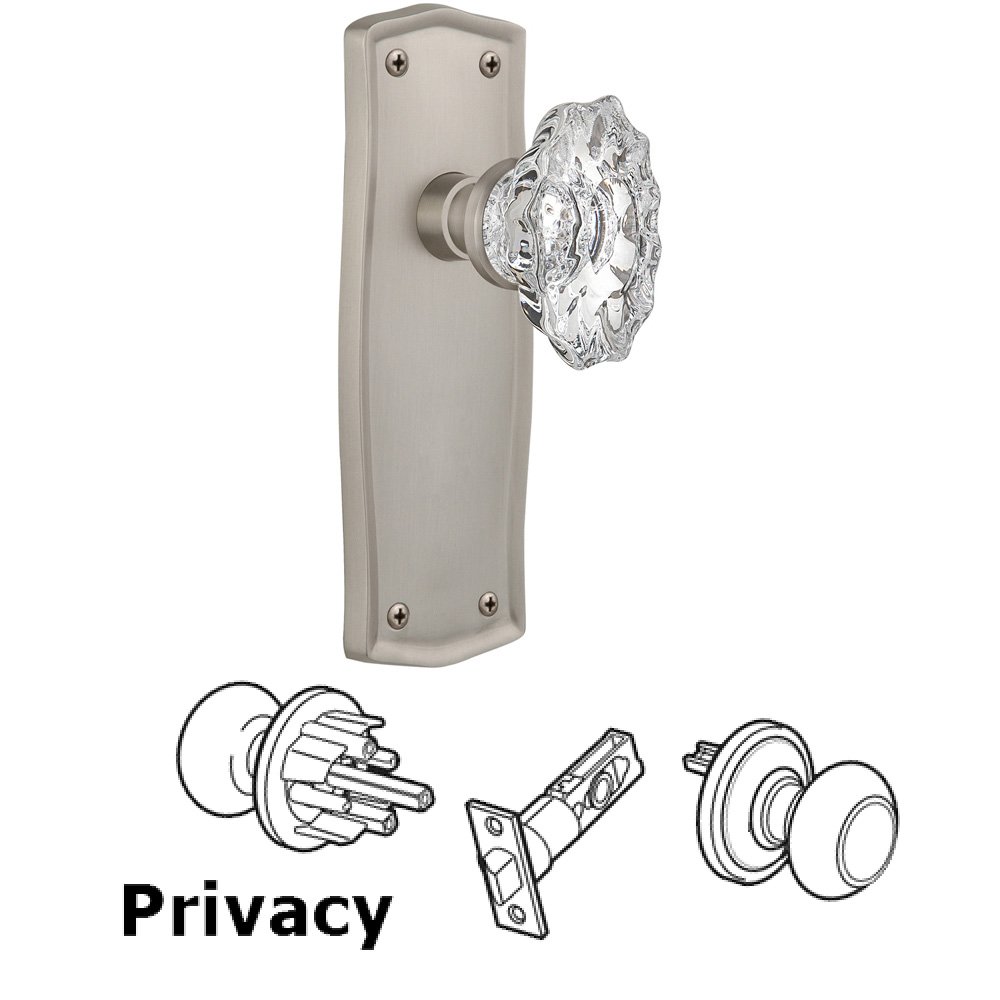 Nostalgic Warehouse Complete Privacy Set Without Keyhole - Prairie Plate with Chateau Knob in Satin Nickel