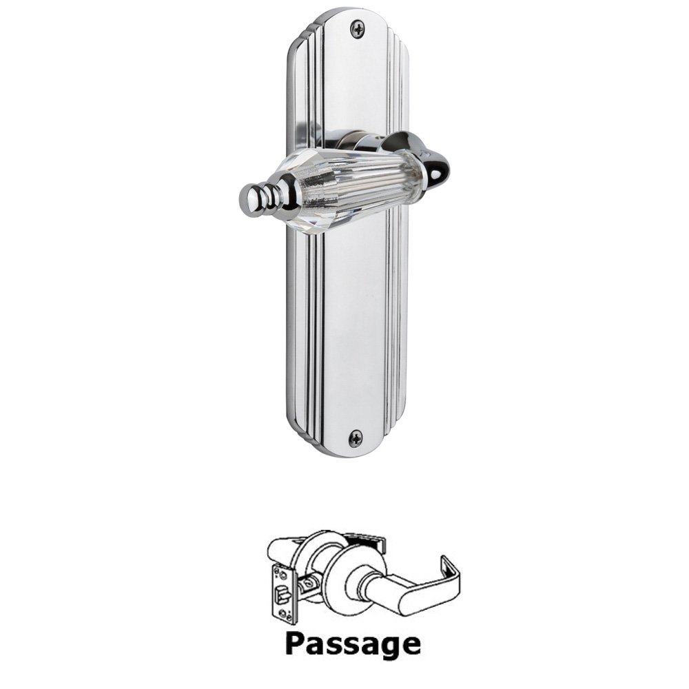 Nostalgic Warehouse Complete Passage Set Without Keyhole - Deco Plate with Parlor Lever in Bright Chrome