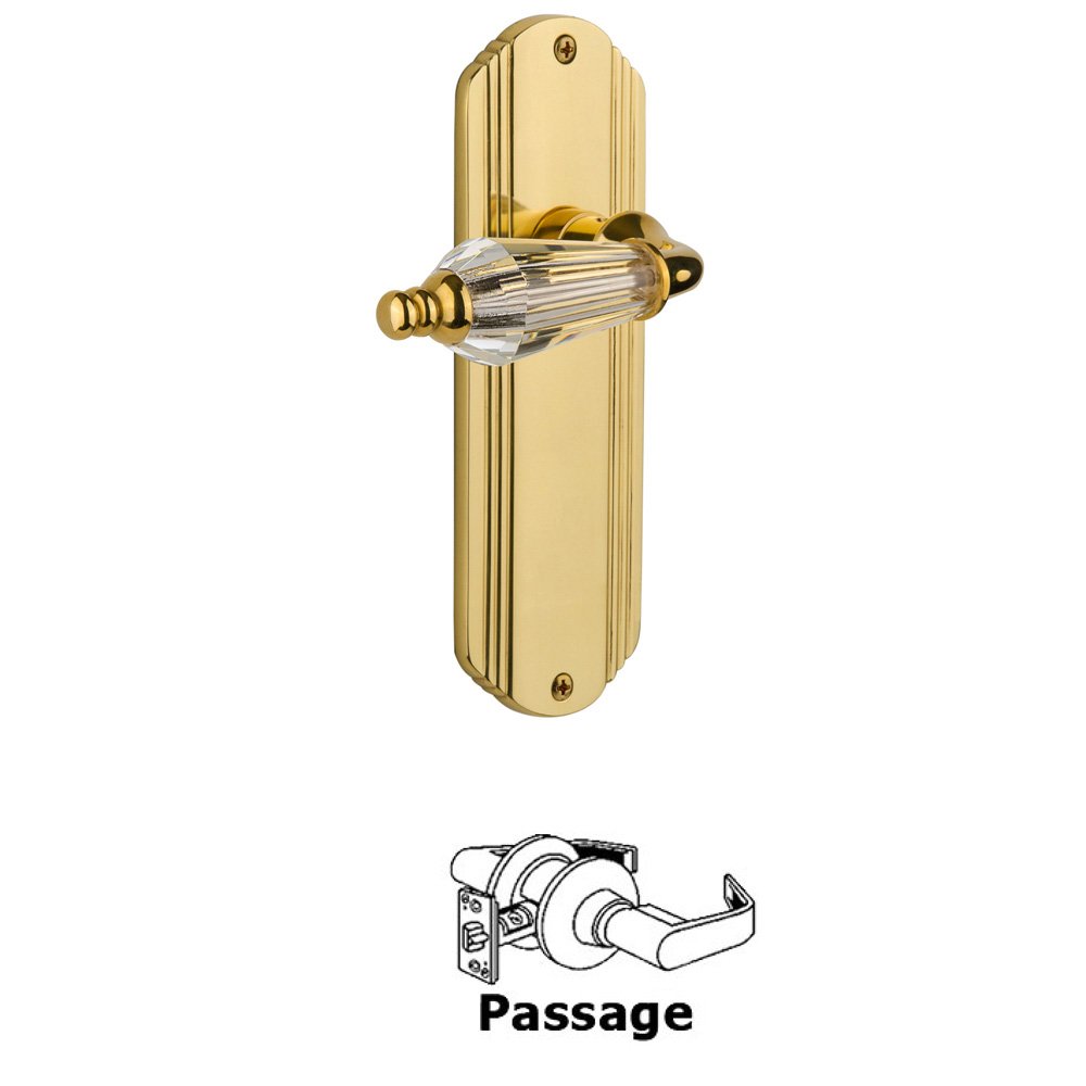 Nostalgic Warehouse Complete Passage Set Without Keyhole - Deco Plate with Parlor Lever in Unlacquered Brass