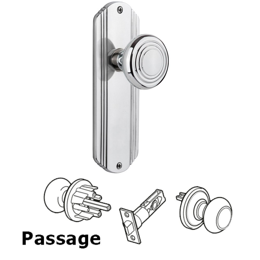 Nostalgic Warehouse Complete Passage Set Without Keyhole - Deco Plate with Deco Knob in Bright Chrome