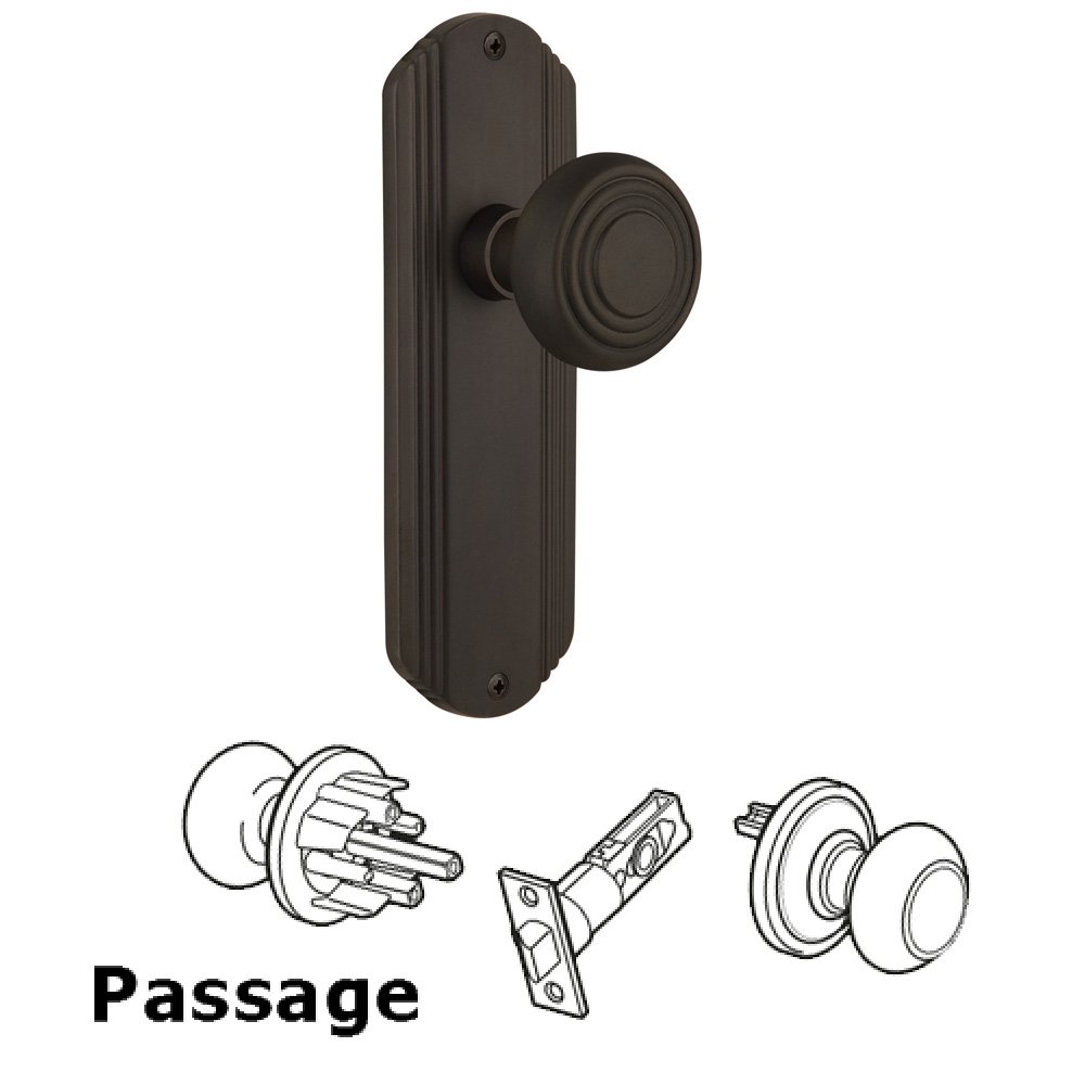 Nostalgic Warehouse Complete Passage Set Without Keyhole - Deco Plate with Deco Knob in Oil Rubbed Bronze