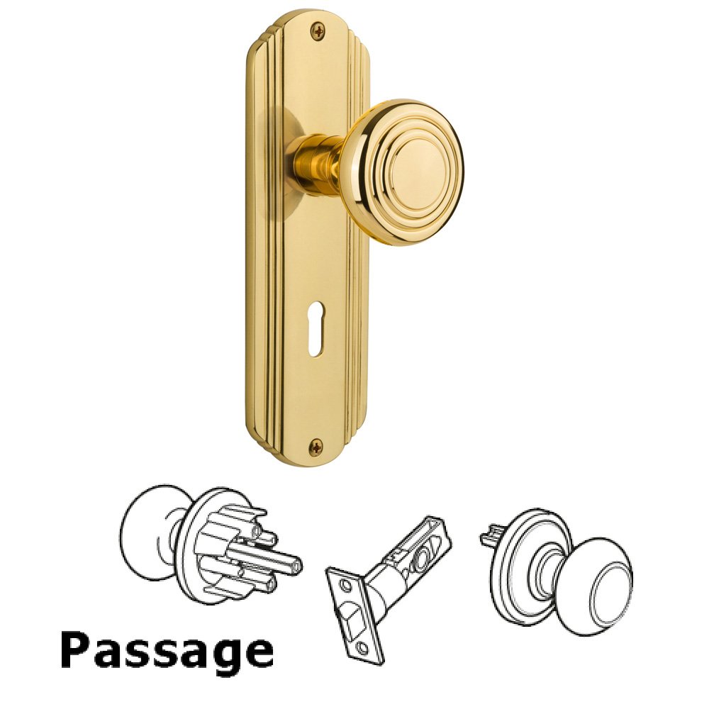 Nostalgic Warehouse Complete Passage Set With Keyhole - Deco Plate with Deco Knob in Polished Brass