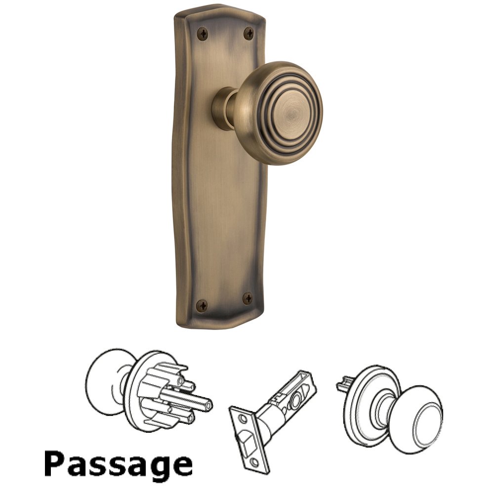 Nostalgic Warehouse Complete Passage Set Without Keyhole - Prairie Plate with Deco Knob in Antique Brass