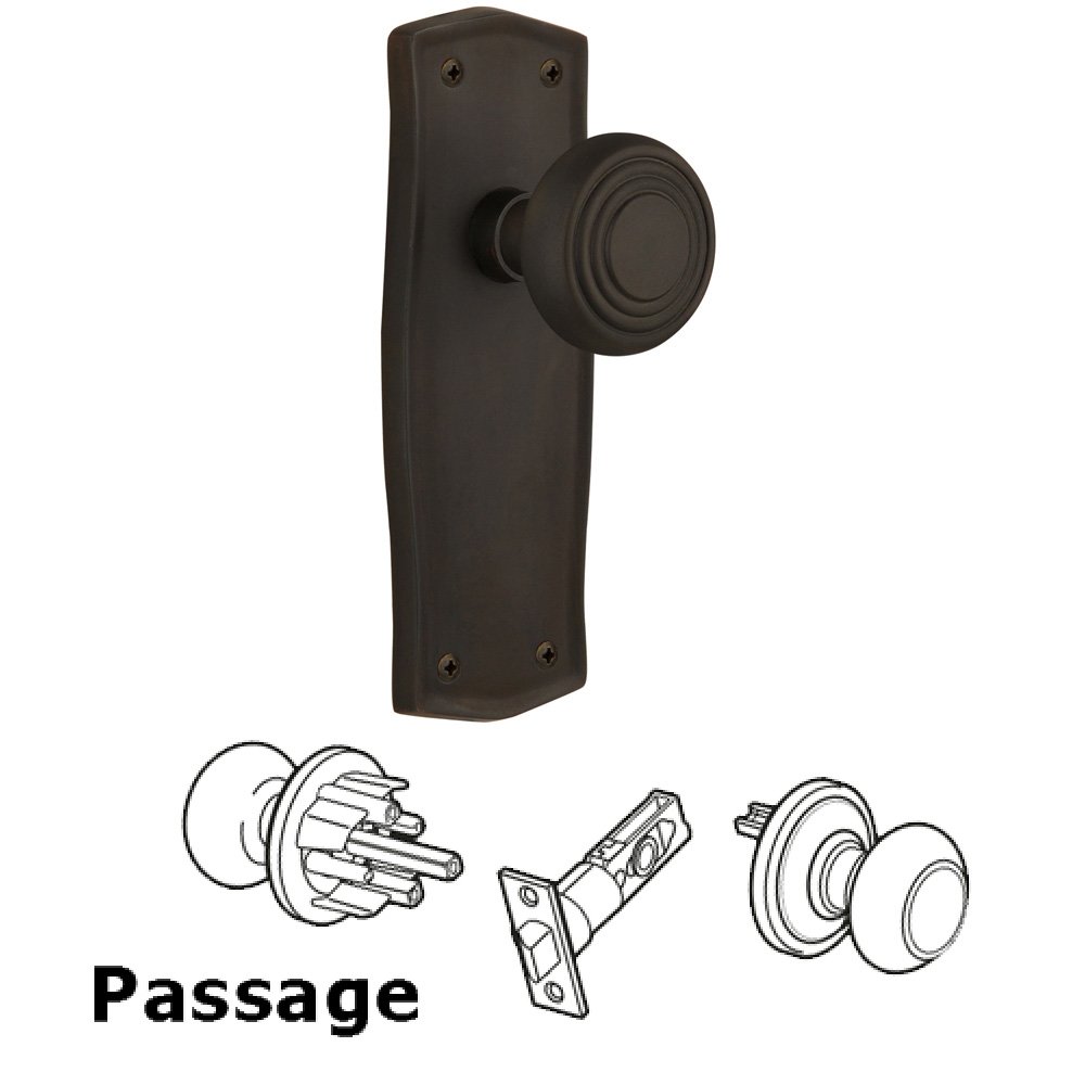 Nostalgic Warehouse Complete Passage Set Without Keyhole - Prairie Plate with Deco Knob in Oil Rubbed Bronze