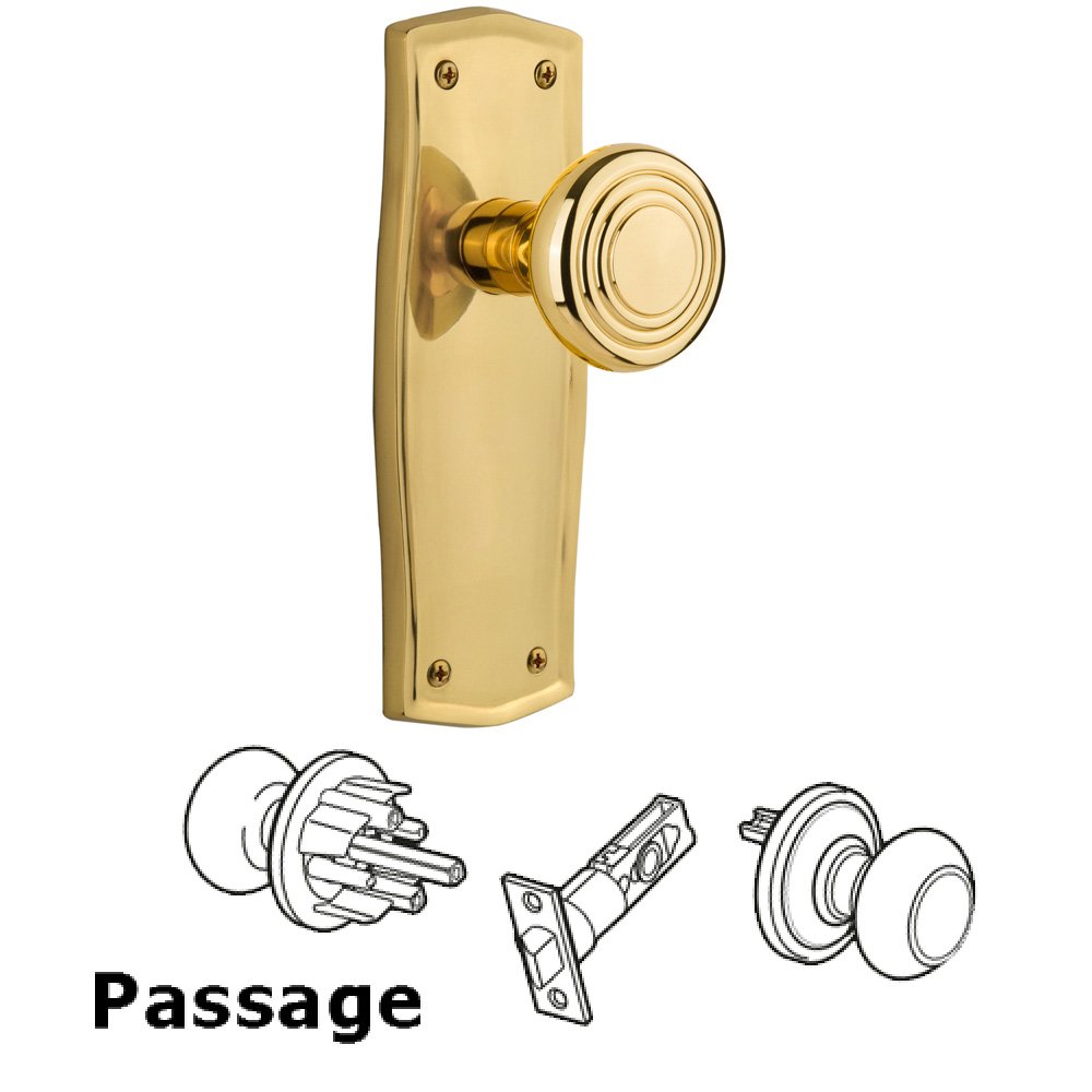 Nostalgic Warehouse Complete Passage Set Without Keyhole - Prairie Plate with Deco Knob in Polished Brass