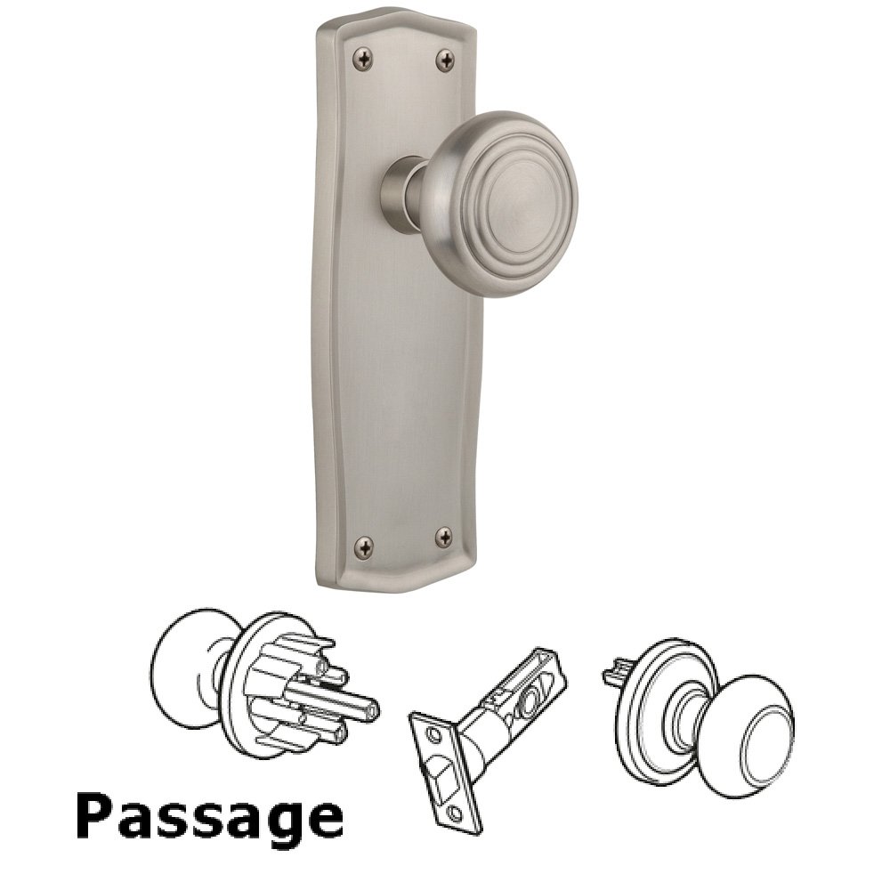 Nostalgic Warehouse Complete Passage Set Without Keyhole - Prairie Plate with Deco Knob in Satin Nickel