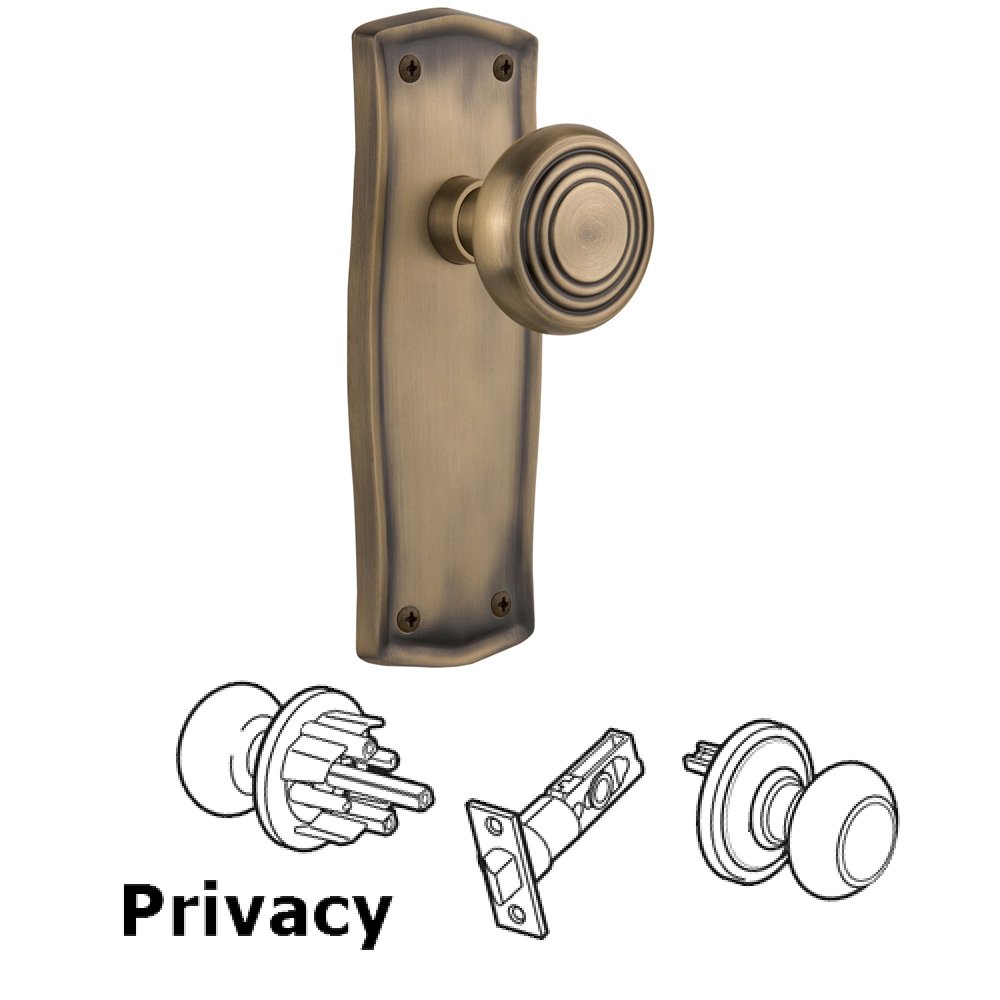 Nostalgic Warehouse Complete Privacy Set Without Keyhole - Prairie Plate with Deco Knob in Antique Brass