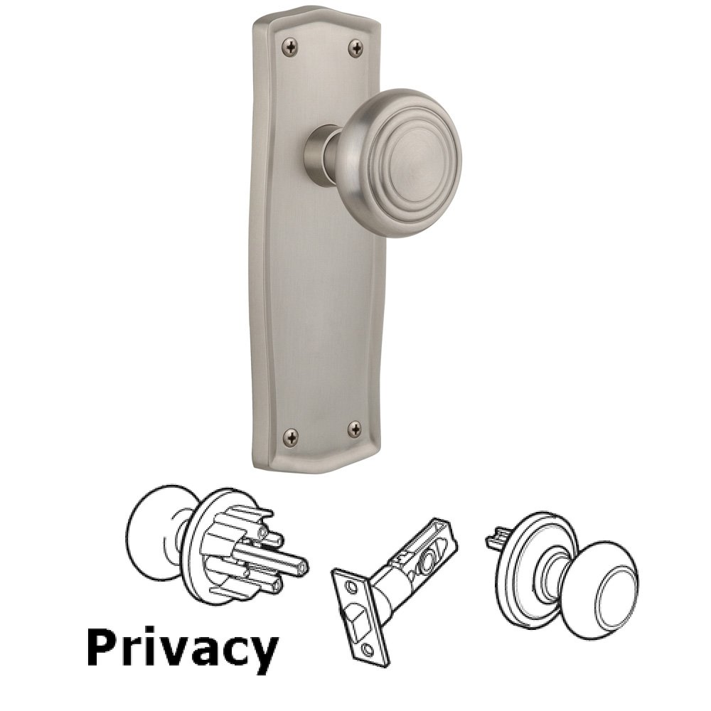 Nostalgic Warehouse Complete Privacy Set Without Keyhole - Prairie Plate with Deco Knob in Satin Nickel