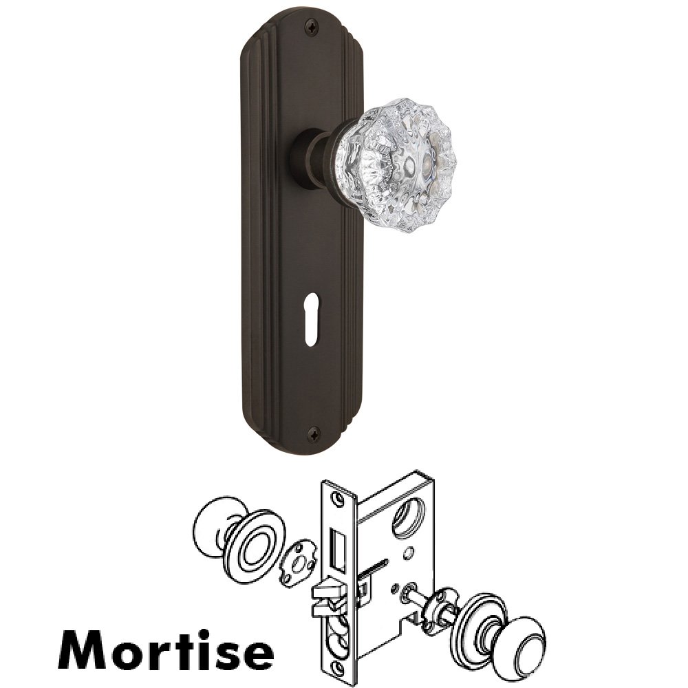 Nostalgic Warehouse Complete Mortise Lockset - Deco Plate with Crystal Knob in Oil Rubbed Bronze