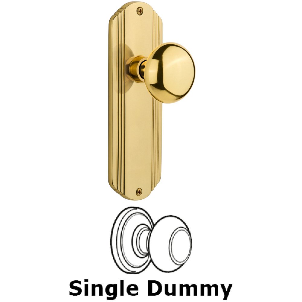Nostalgic Warehouse Single Dummy Knob Without Keyhole - Deco Plate with New York Knob in Unlacquered Brass