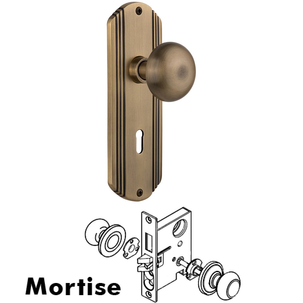 Nostalgic Warehouse Complete Mortise Lockset - Deco Plate with New York Knob in Antique Brass