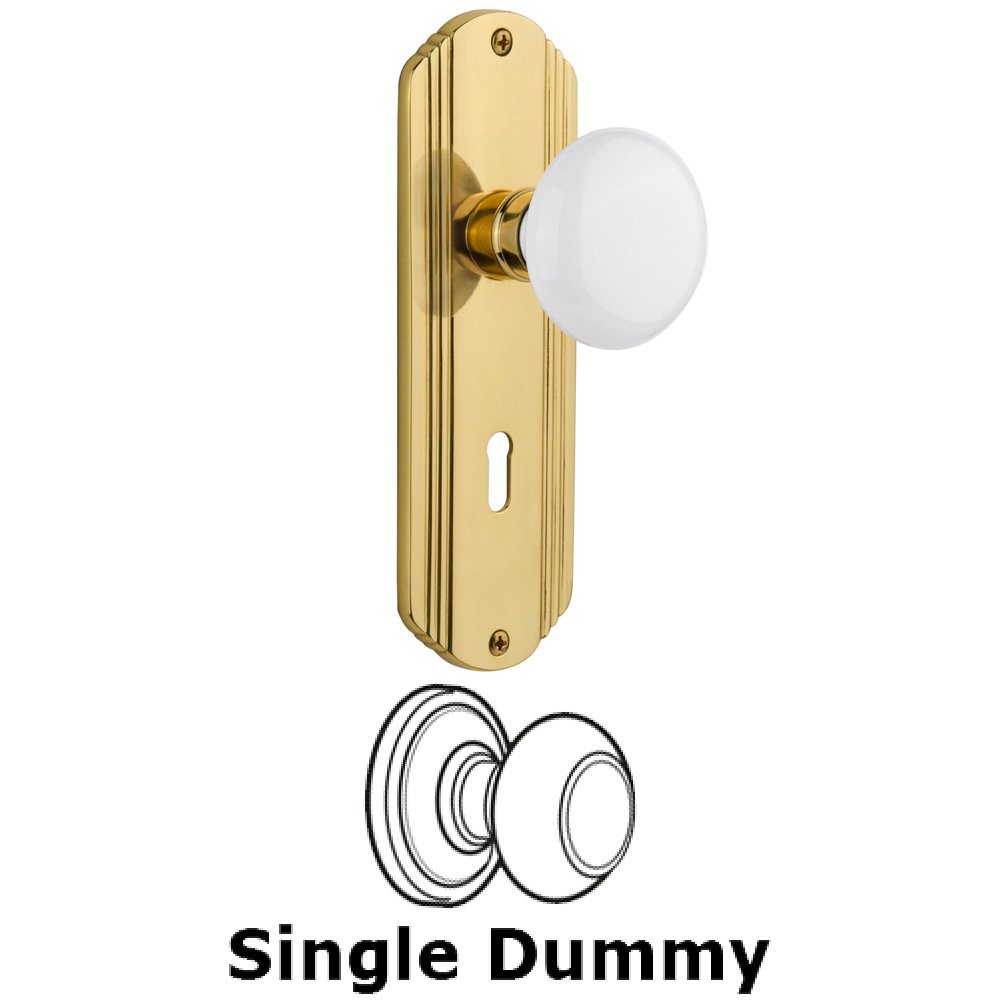Nostalgic Warehouse Single Dummy Knob With Keyhole - Deco Plate with White Porcelain Knob in Unlacquered Brass