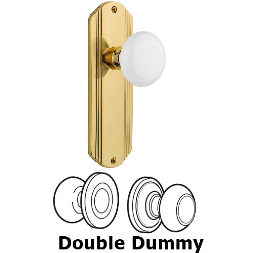 Nostalgic Warehouse Double Dummy Set Without Keyhole - Deco Plate with White Porcelain Knob in Unlacquered Brass