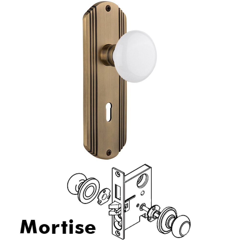 Nostalgic Warehouse Complete Mortise Lockset - Deco Plate with White Porcelain Knob in Antique Brass