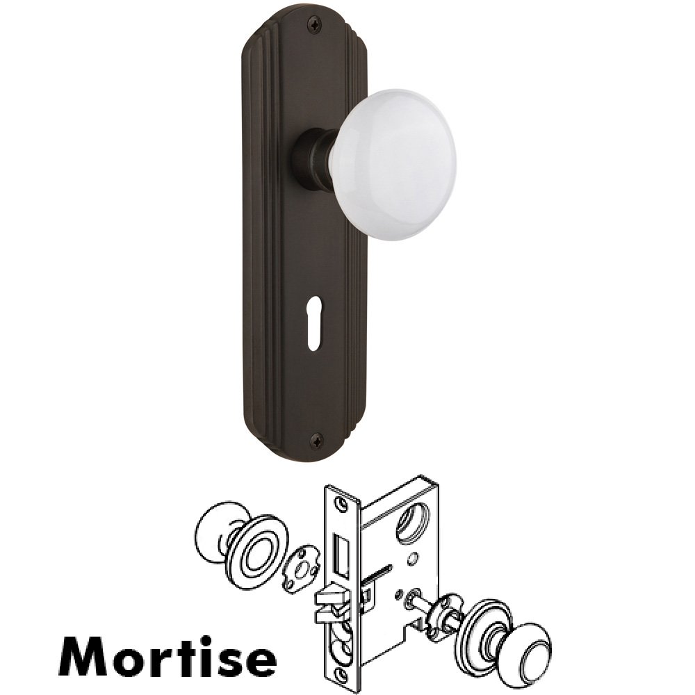 Nostalgic Warehouse Complete Mortise Lockset - Deco Plate with White Porcelain Knob in Oil Rubbed Bronze