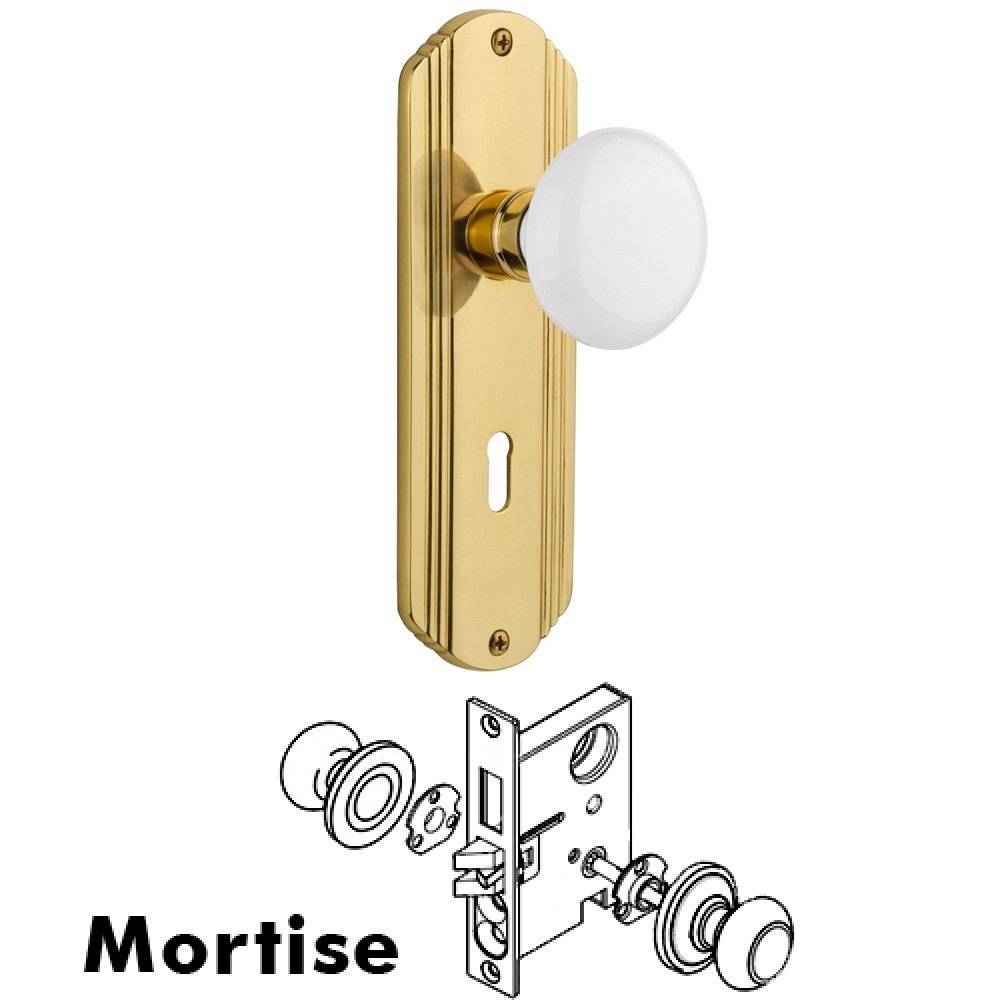 Nostalgic Warehouse Complete Mortise Lockset - Deco Plate with White Porcelain Knob in Unlacquered Brass