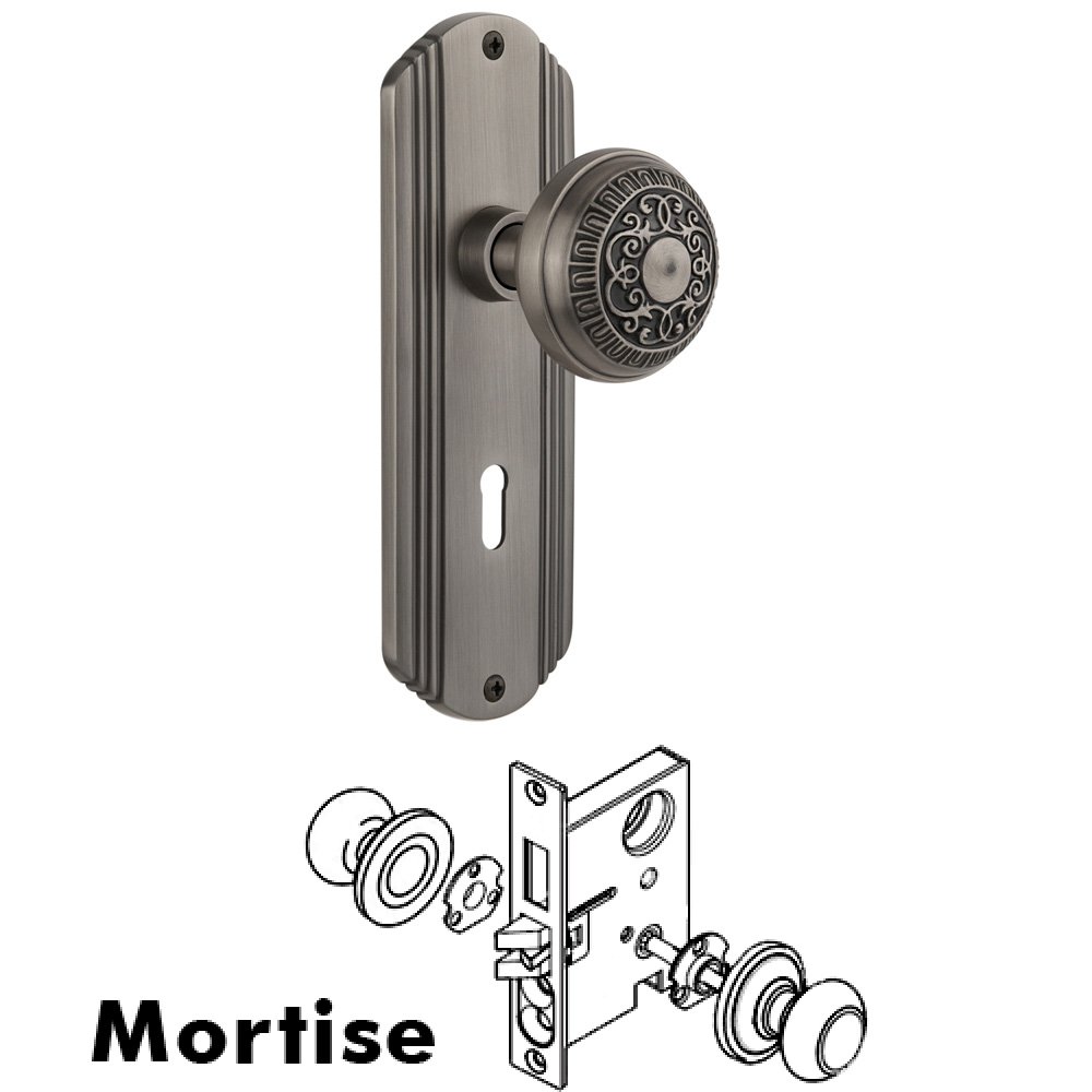 Nostalgic Warehouse Complete Mortise Lockset - Deco Plate with Egg & Dart Knob in Antique Pewter