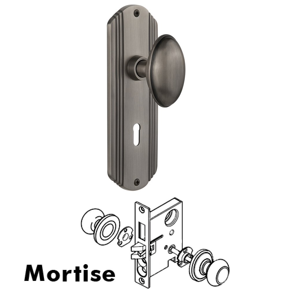 Nostalgic Warehouse Complete Mortise Lockset - Deco Plate with Homestead Knob in Antique Pewter