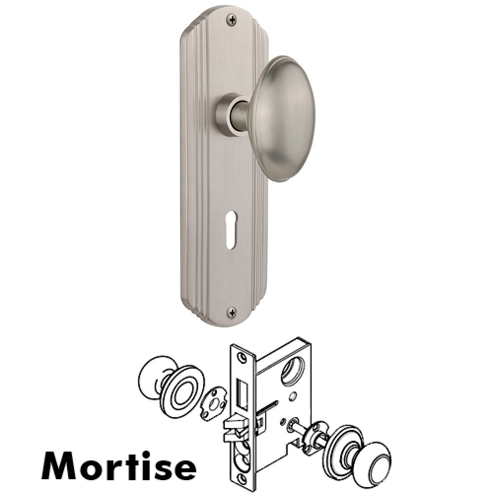 Nostalgic Warehouse Complete Mortise Lockset - Deco Plate with Homestead Knob in Satin Nickel