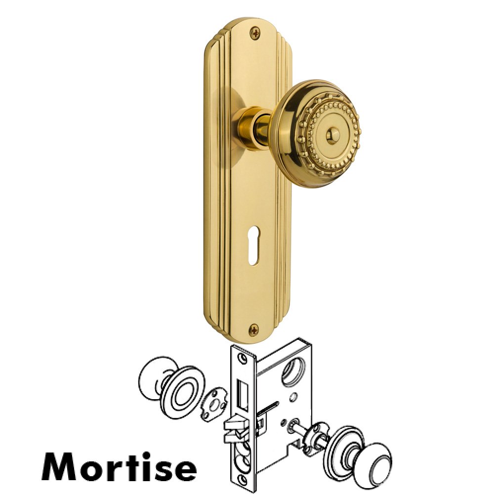 Nostalgic Warehouse Complete Mortise Lockset - Deco Plate with Meadows Knob in Polished Brass