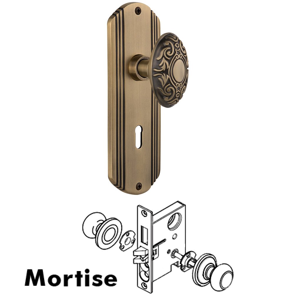 Nostalgic Warehouse Complete Mortise Lockset - Deco Plate with Victorian Knob in Antique Brass
