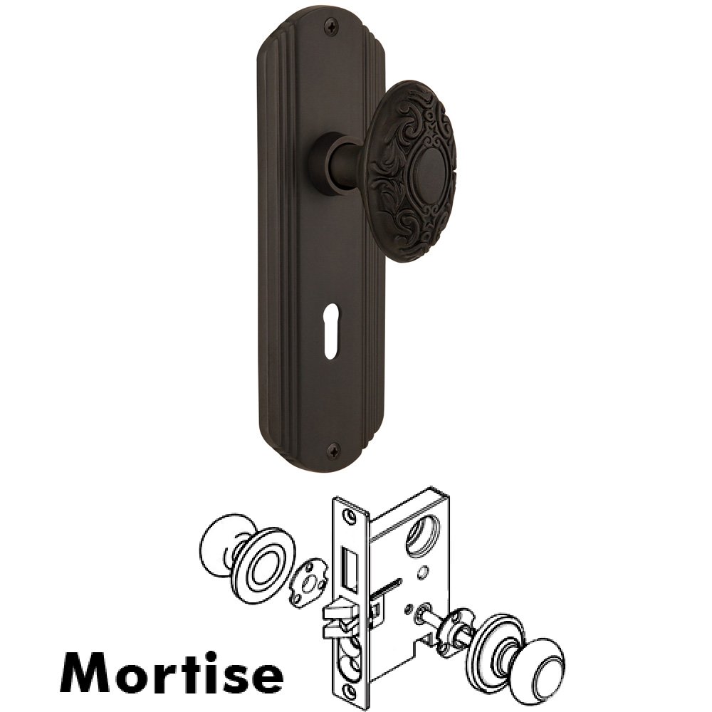 Nostalgic Warehouse Complete Mortise Lockset - Deco Plate with Victorian Knob in Oil Rubbed Bronze