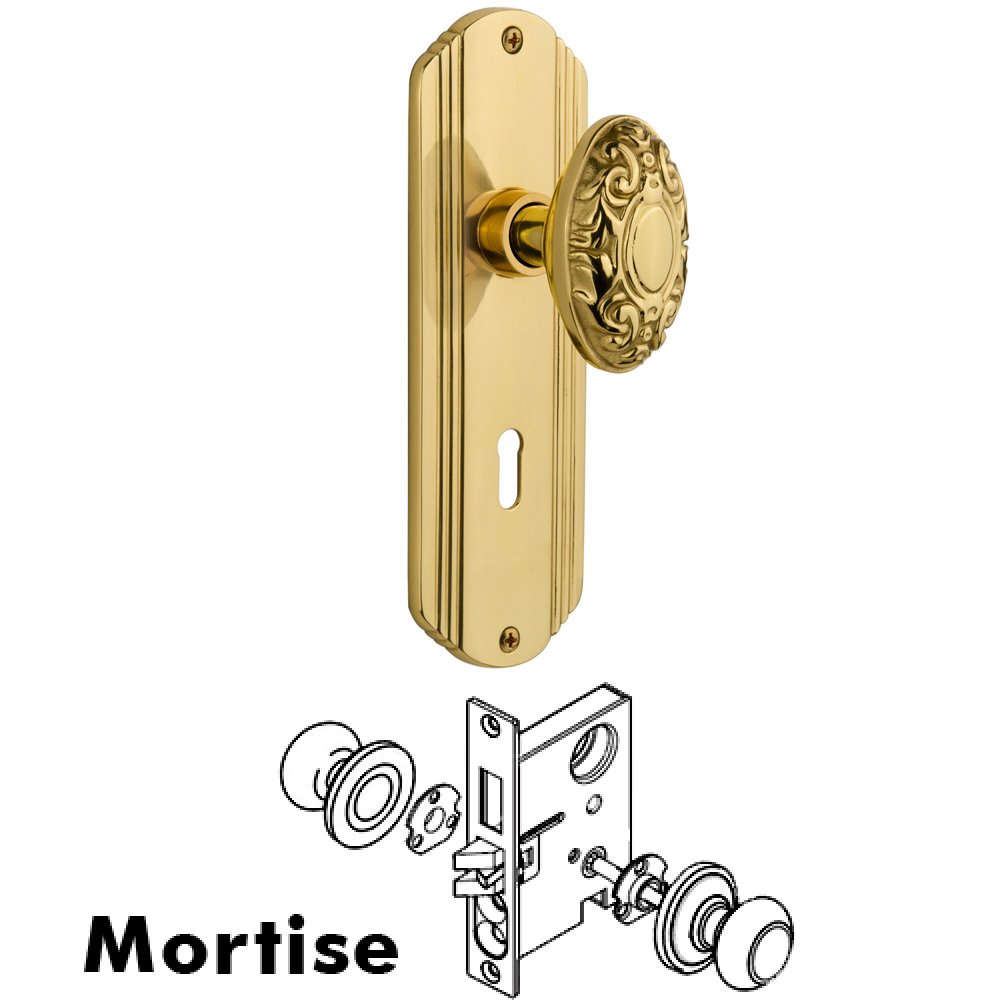 Nostalgic Warehouse Complete Mortise Lockset - Deco Plate with Victorian Knob in Unlacquered Brass