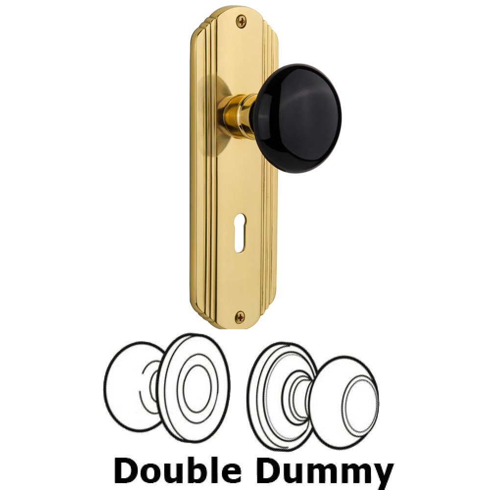 Nostalgic Warehouse Double Dummy Set With Keyhole - Deco Plate with Black Porcelain Knob in Unlacquered Brass