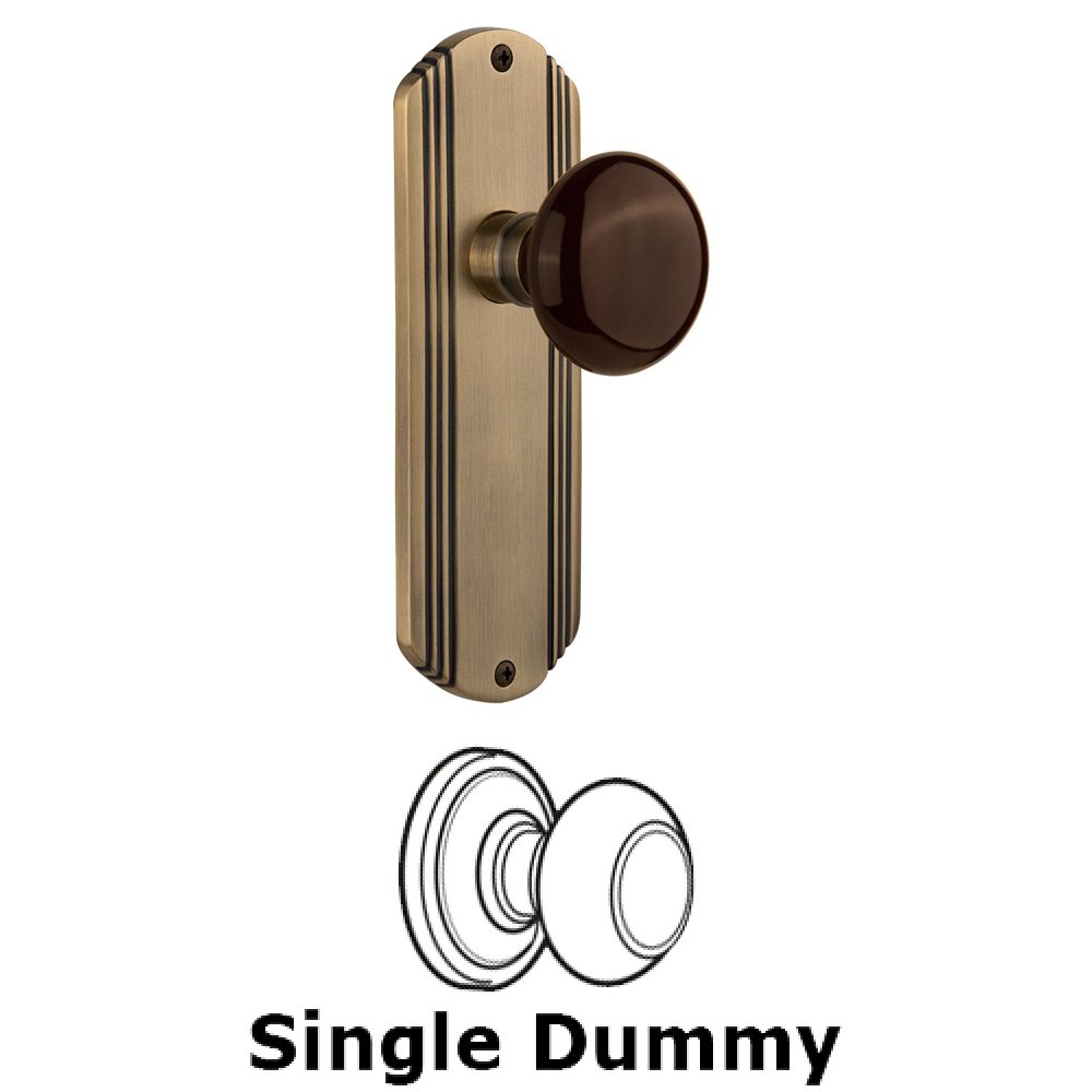 Nostalgic Warehouse Single Dummy Knob Without Keyhole - Deco Plate with Brown Porcelain Knob in Antique Brass