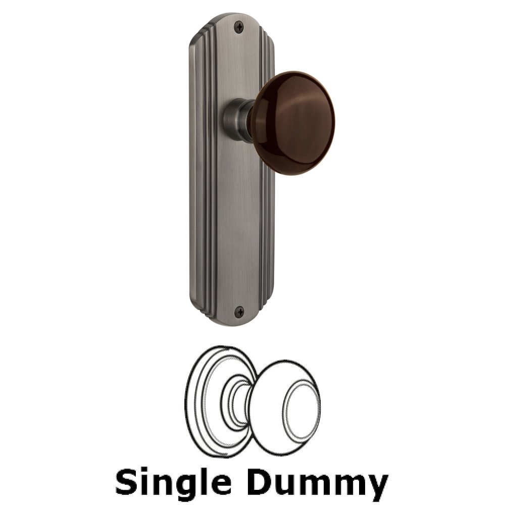 Nostalgic Warehouse Single Dummy Knob Without Keyhole - Deco Plate with Brown Porcelain Knob in Antique Pewter