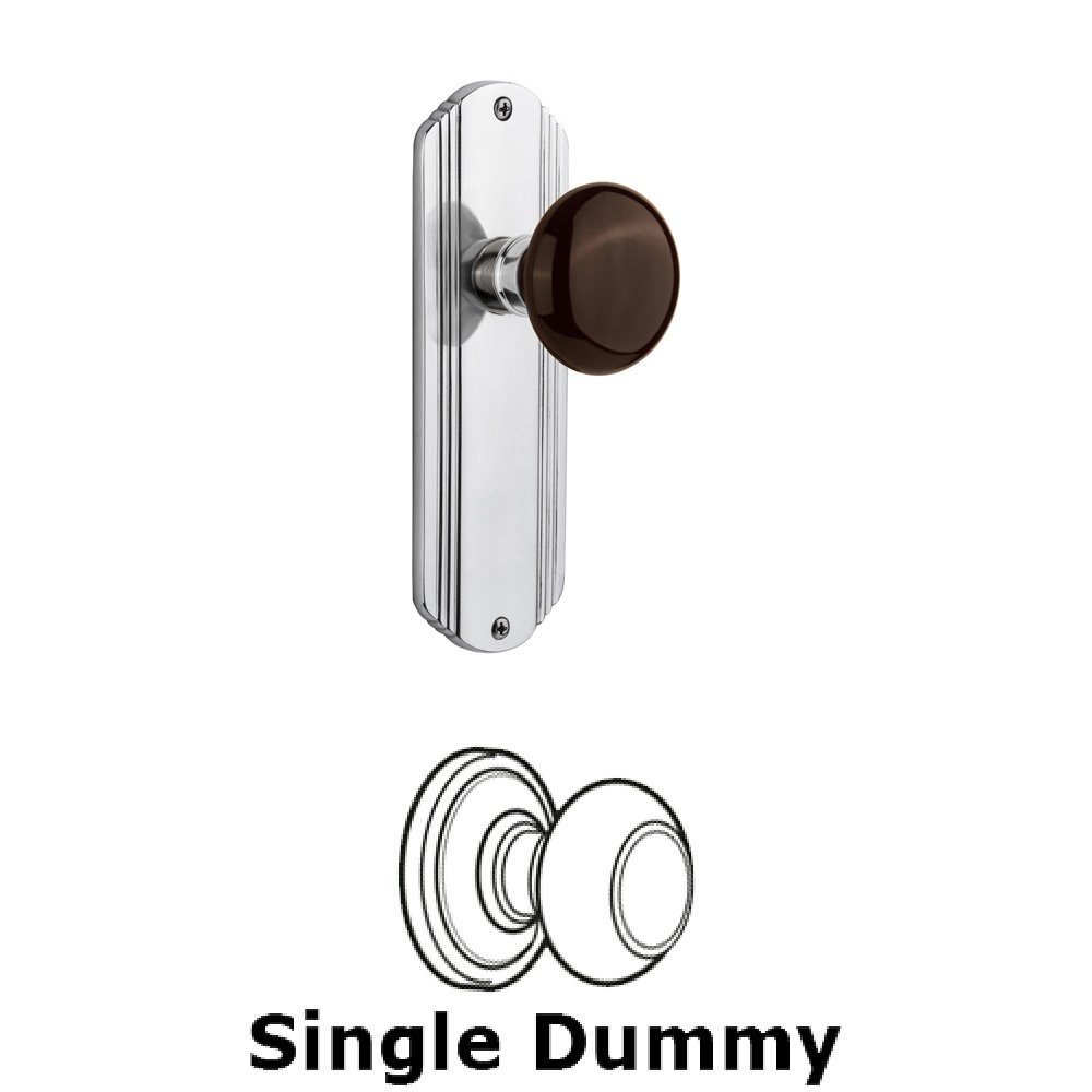 Nostalgic Warehouse Single Dummy Knob Without Keyhole - Deco Plate with Brown Porcelain Knob in Bright Chrome