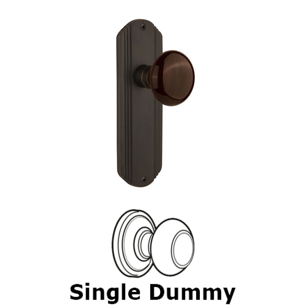Nostalgic Warehouse Single Dummy Knob Without Keyhole - Deco Plate with Brown Porcelain Knob in Oil Rubbed Bronze