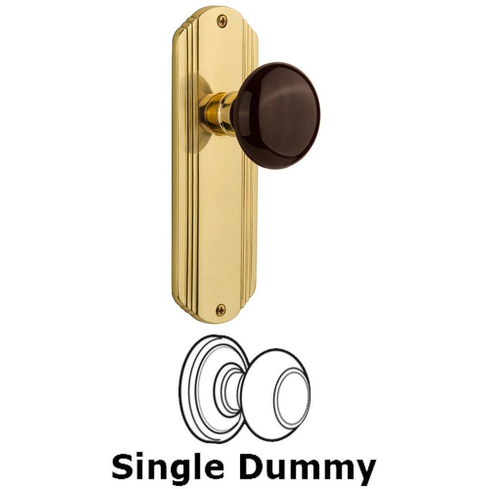 Nostalgic Warehouse Single Dummy Knob Without Keyhole - Deco Plate with Brown Porcelain Knob in Polished Brass