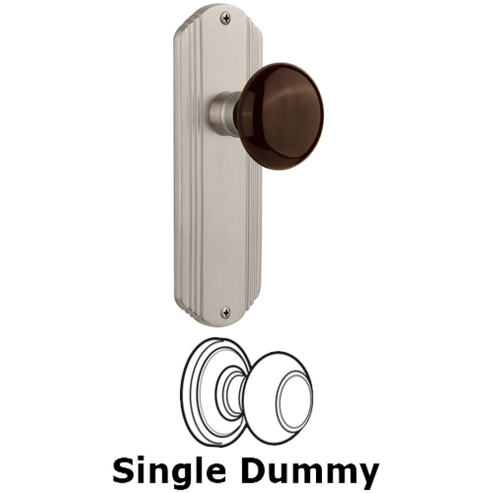 Nostalgic Warehouse Single Dummy Knob Without Keyhole - Deco Plate with Brown Porcelain Knob in Satin Nickel