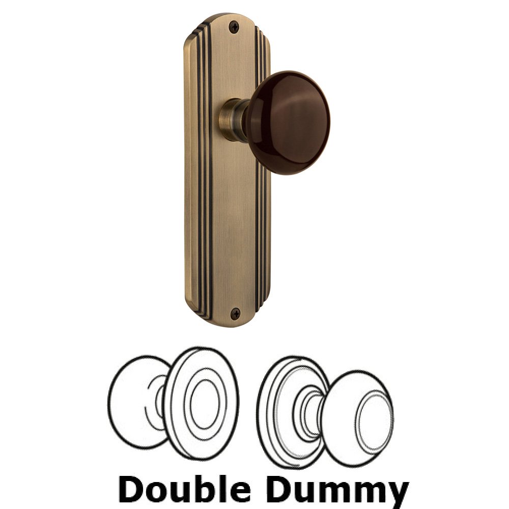 Nostalgic Warehouse Double Dummy Set Without Keyhole - Deco Plate with Brown Porcelain Knob in Antique Brass