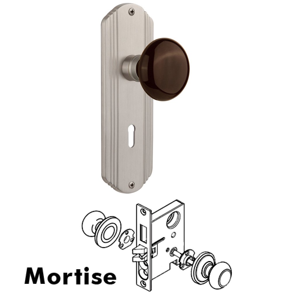 Nostalgic Warehouse Complete Mortise Lockset - Deco Plate with Brown Porcelain Knob in Satin Nickel