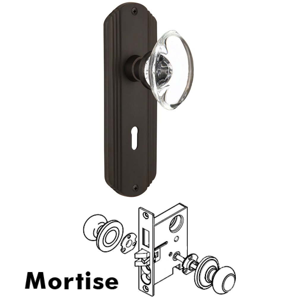 Nostalgic Warehouse Complete Mortise Lockset - Deco Plate with Oval Clear Crystal Knob in Oil Rubbed Bronze