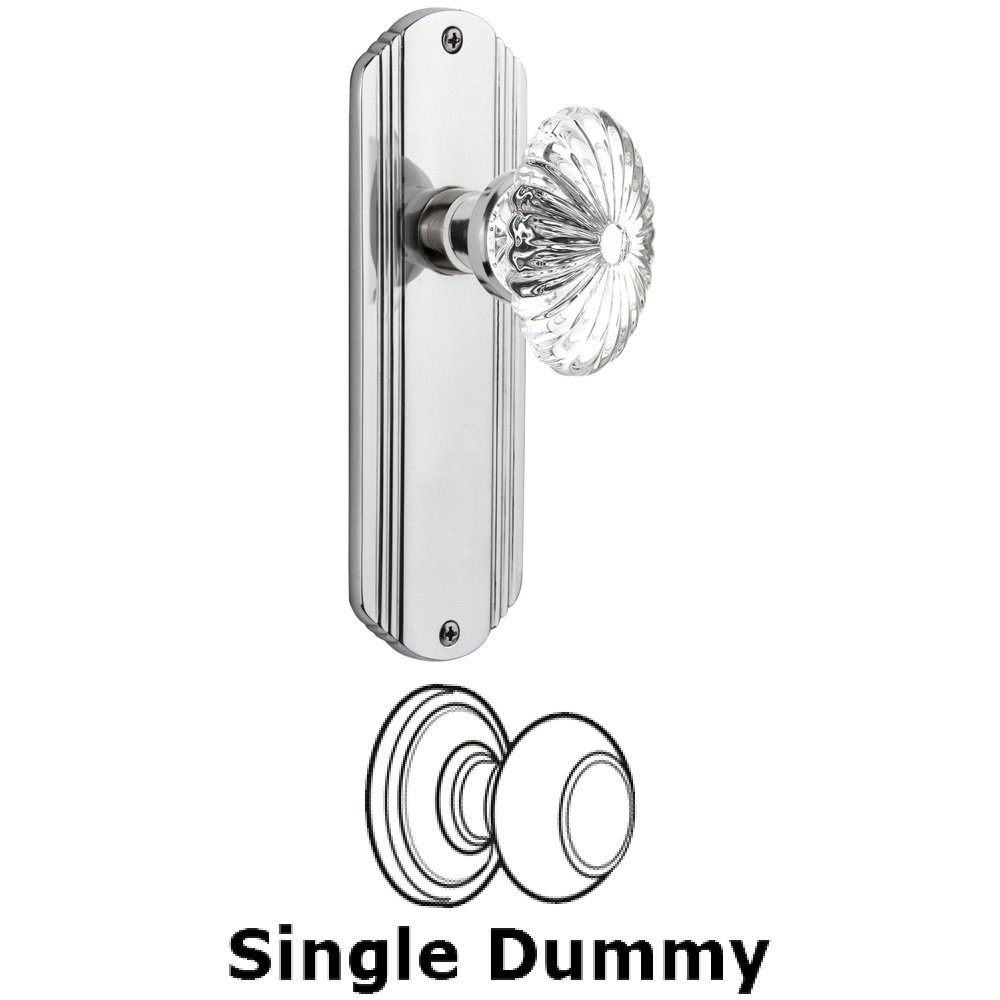 Nostalgic Warehouse Single Dummy Knob Without Keyhole - Deco Plate with Oval Fluted Crystal Knob in Bright Chrome