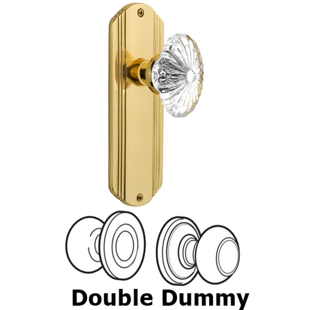 Nostalgic Warehouse Double Dummy Set Without Keyhole - Deco Plate with Oval Fluted Crystal Knob in Polished Brass