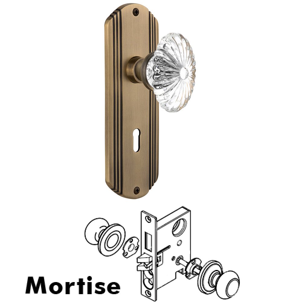 Nostalgic Warehouse Complete Mortise Lockset - Deco Plate with Oval Fluted Crystal Knob in Antique Brass