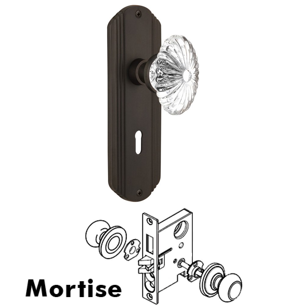 Nostalgic Warehouse Complete Mortise Lockset - Deco Plate with Oval Fluted Crystal Knob in Oil Rubbed Bronze