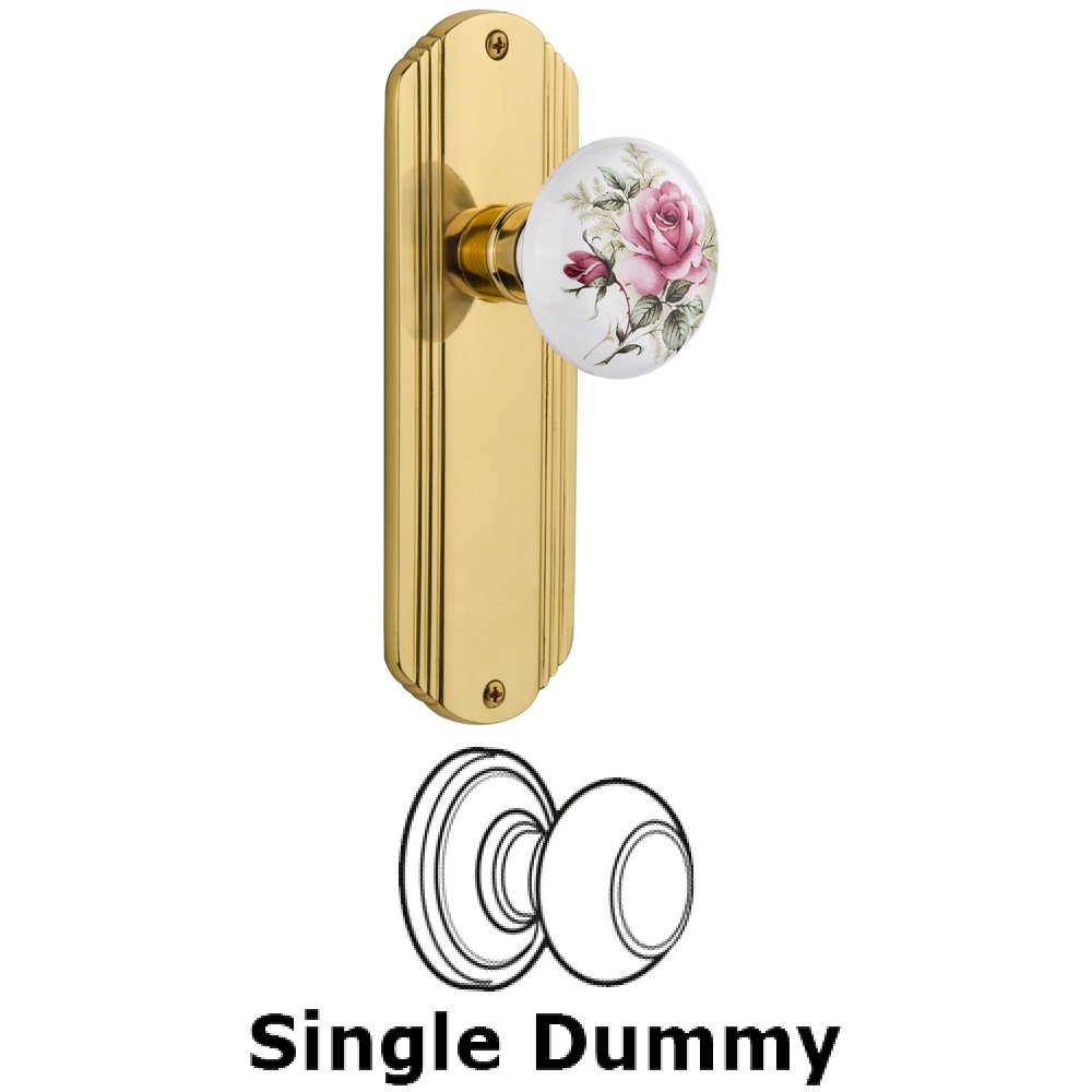 Nostalgic Warehouse Single Dummy Knob Without Keyhole - Deco Plate with Rose Porcelain Knob in Polished Brass