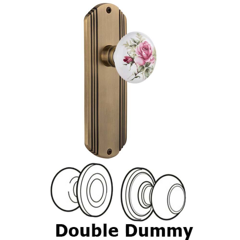 Nostalgic Warehouse Double Dummy Set Without Keyhole - Deco Plate with Rose Porcelain Knob in Antique Brass