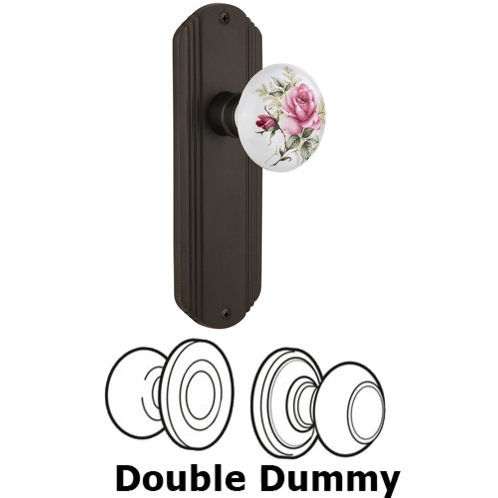 Nostalgic Warehouse Double Dummy Set Without Keyhole - Deco Plate with Rose Porcelain Knob in Oil Rubbed Bronze