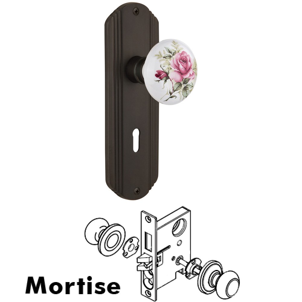 Nostalgic Warehouse Complete Mortise Lockset - Deco Plate with Rose Porcelain Knob in Oil Rubbed Bronze