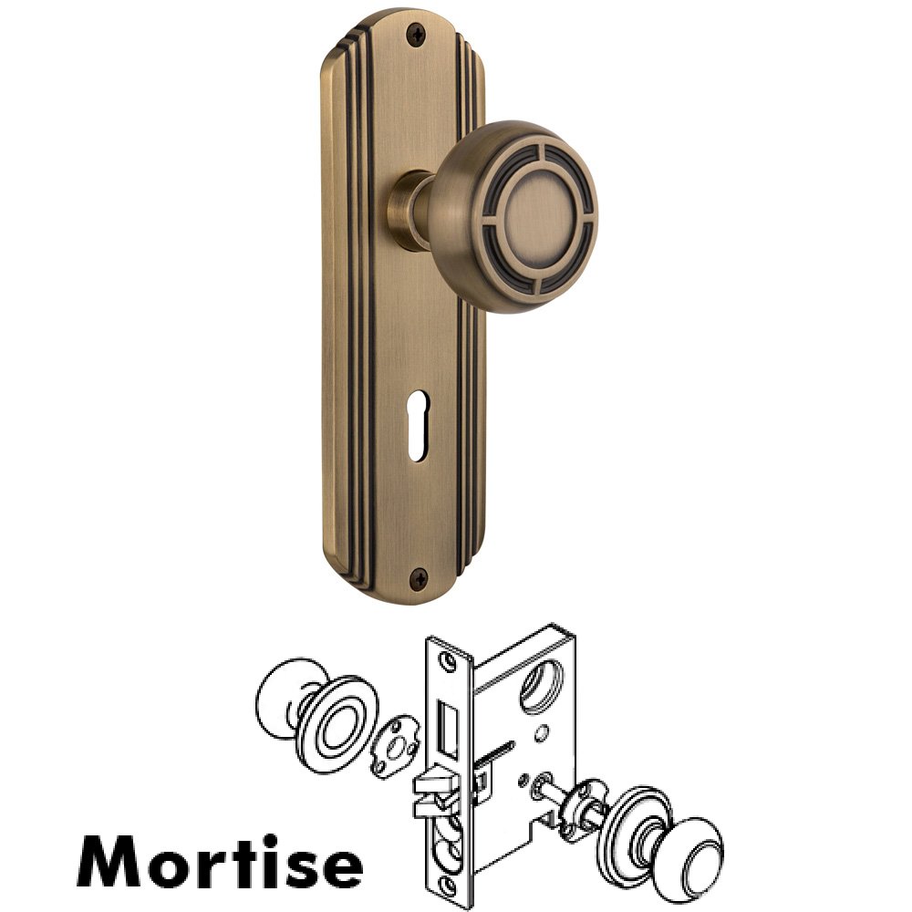 Nostalgic Warehouse Complete Mortise Lockset - Deco Plate with Mission Knob in Antique Brass