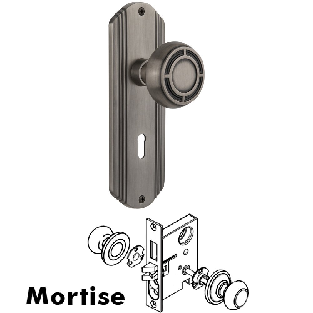 Nostalgic Warehouse Complete Mortise Lockset - Deco Plate with Mission Knob in Antique Pewter